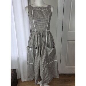 Vintage Gay Gibson Apron Dress 50s Gingham Plaid Brown Empire Waist Pockets XS